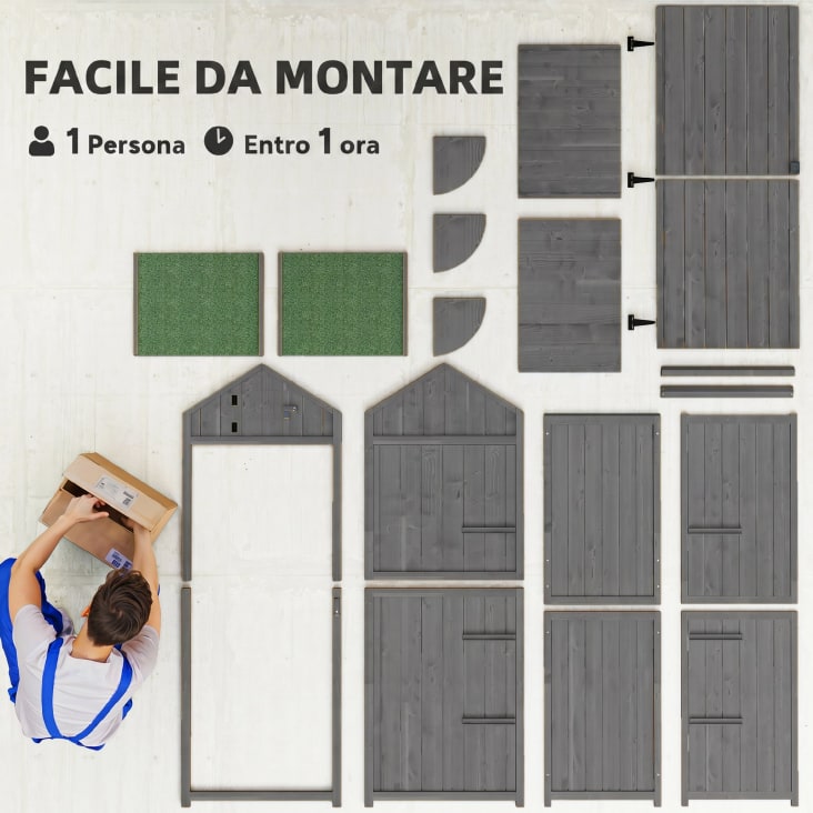 Capanno Da Giardino In Legno Outsunny - 91x69x192cm, 2 Finestre, Ripiani Regolabili, Tetto Spiovente, Grigio Chiaro