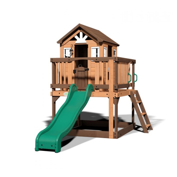 Spielhaus aus Holz mit grüner Rutsche, Sandkasten & Veranda Echo