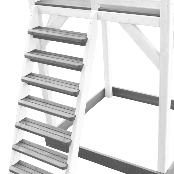 Aire de jeux avec toboggan vert clair, balançoire, bois, blanc/gris