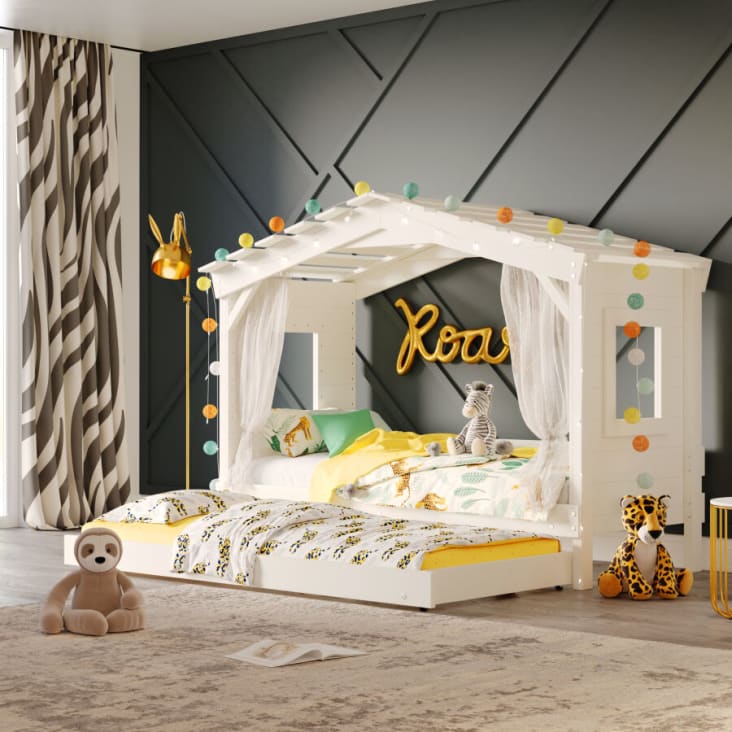 Letto Bambini A Casetta Con Letto Estraibile | Legno Di Pino Naturale | 90x190cm | Senza Materasso | Per Ragazzi E Ragazze - Foto 12