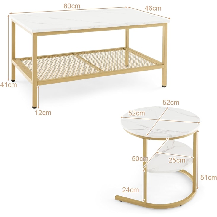 Tables Gigognes SogesHome - 2 Pièces Blanc Et Or, 50 Et 60cm