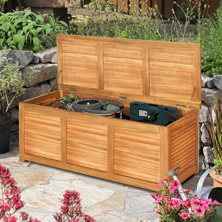 Coffre De Rangement Jardin En Bois 172L - 120x55x45 Cm, Couvercle à Vérins - Pour Terrasse, Balcon, Extérieur