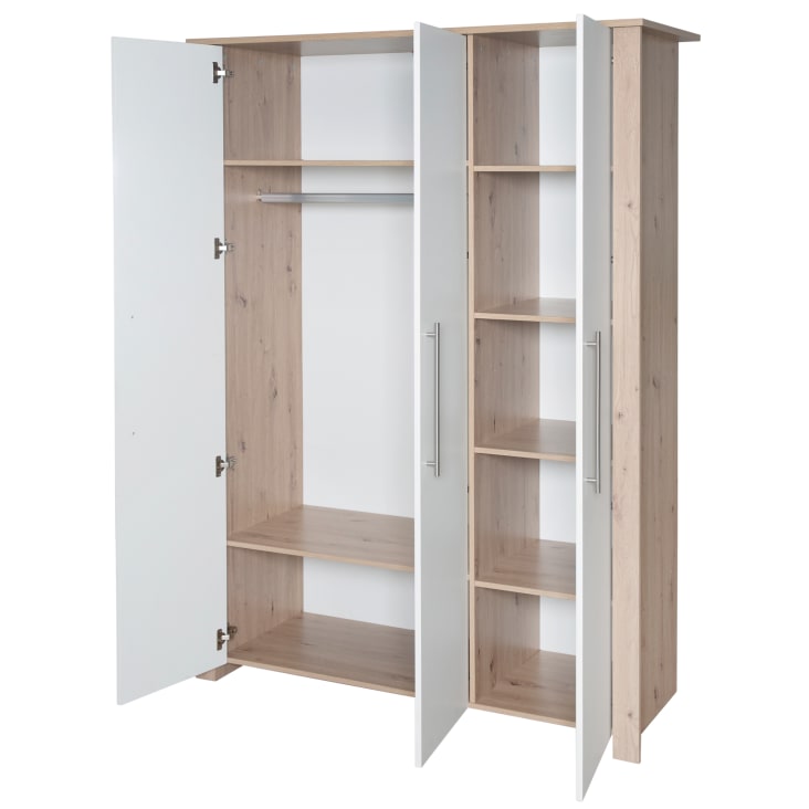 Armoire 3 portes blanche / effet chêne avec poignées métalliques MALO