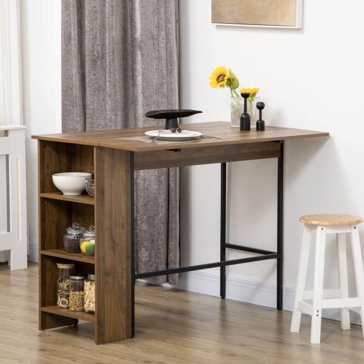 Table de bar extensible design industriel métal noir aspect bois noyer ...