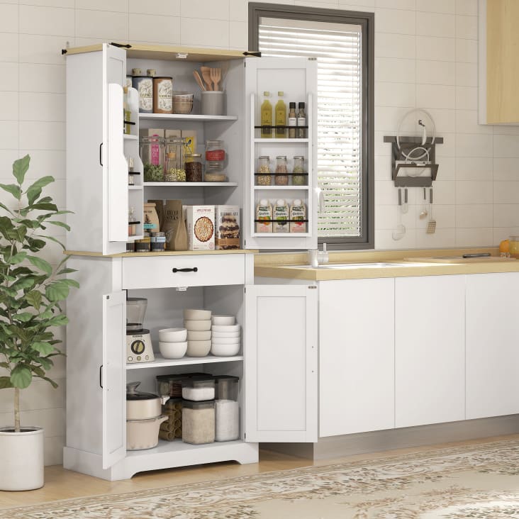 Buffet Haut De Cuisine HOMCOM 4 Portes - Armoire De Rangement Avec Vitres En Verre - Blanc Et Chêne Clair - Étagères Et Tiroir