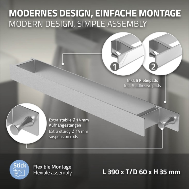 Porta Asciugamani Relaxdays WIMEDO Acciaio Inox - 2 Aste 80cm, Base Rettangolare, Colore Argento - Foto 2