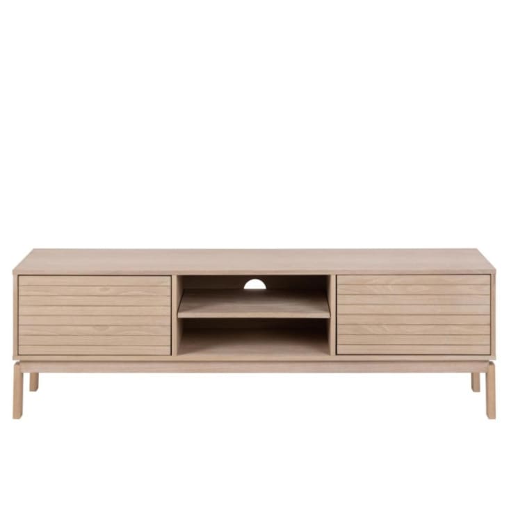 Meuble TV bas en chêne blanchi 2 portes 2 niches L160 Liac Maisons du