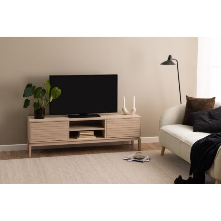 Meuble TV bas en chêne blanchi 2 portes 2 niches L160 Liac Maisons du