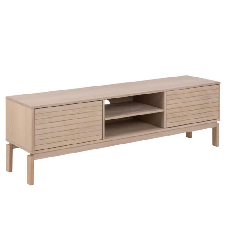 Meuble TV bas en chêne blanchi 2 portes 2 niches L160 Liac Maisons du