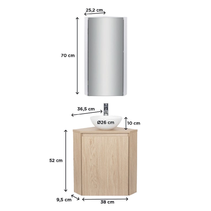 Meuble lavemains d'angle + vasque + miroir armoire de toilette