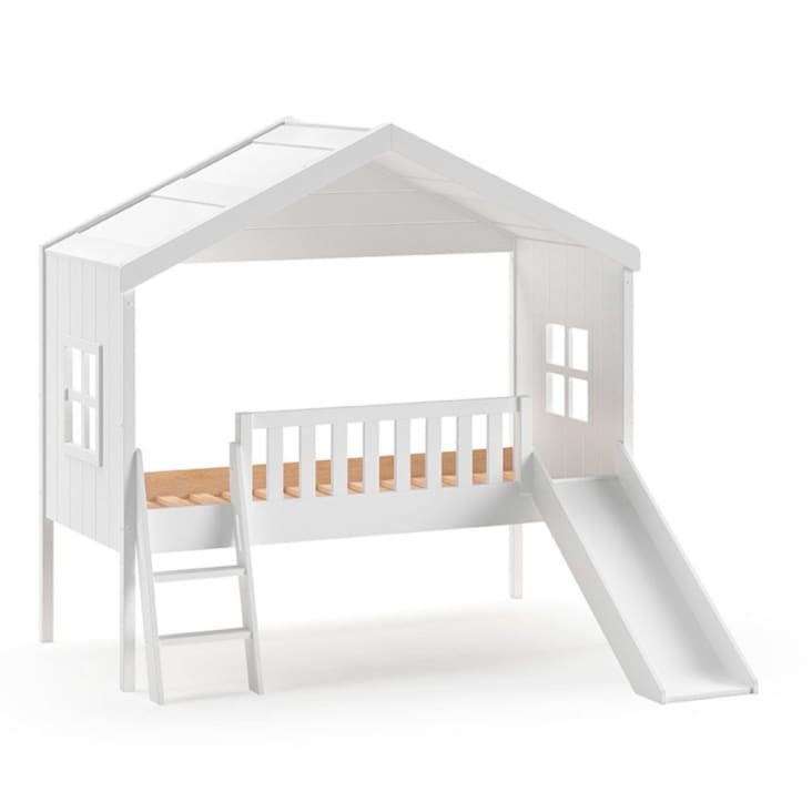 Lit cabane surélevé avec toboggan imitation bois blanc 90x200 Axel