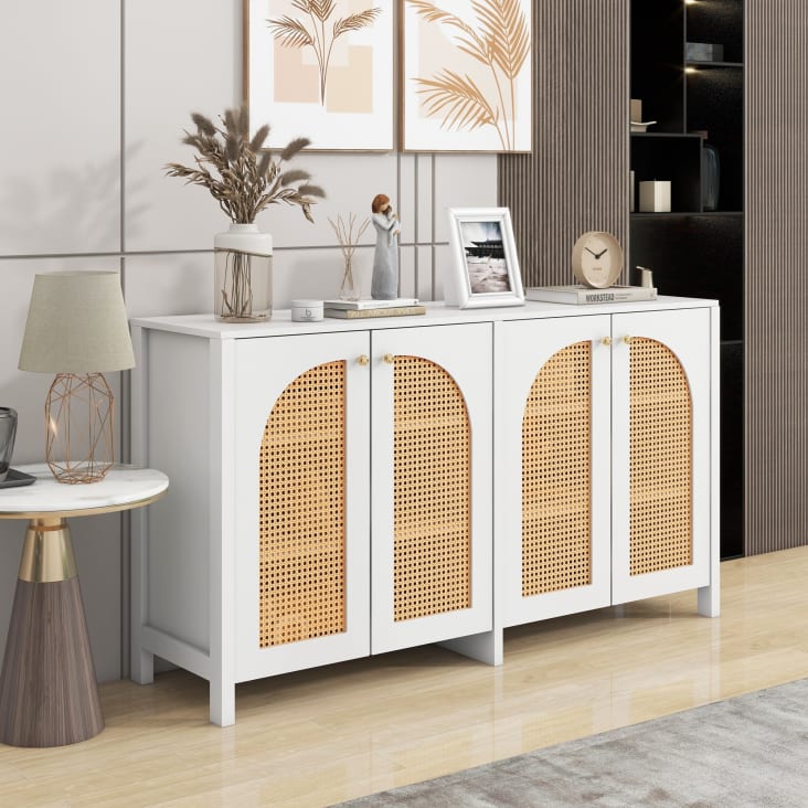 Elegantes Rattan Sideboard mit 4 Turen WeiB