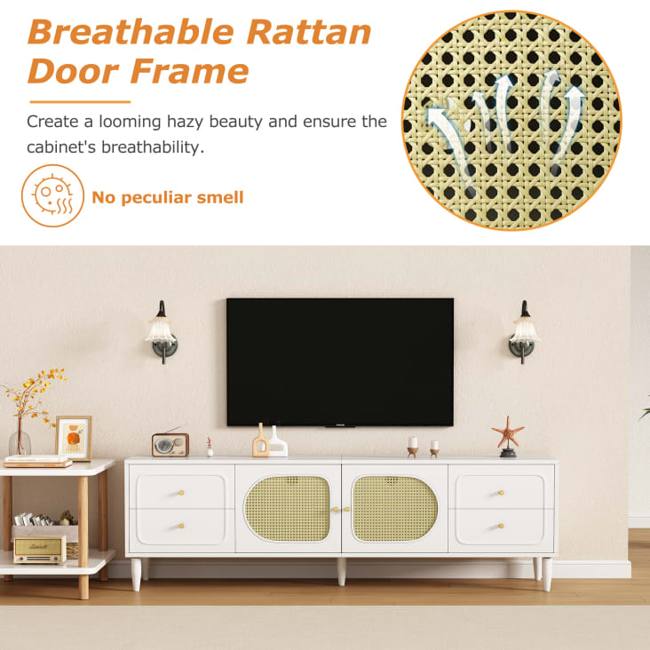 Mobile TV In Rattan E Legno 170cm - Stile Country, Con Ante E Cassetti, Bianco - Foto 7