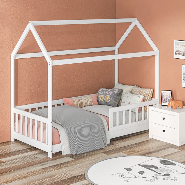 Letto Bambini In Legno Di Pino 70x140 Cm | Con Barre Protettive | Bianco | Per Cameretta