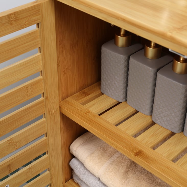 Mobile Bagno In Bambù 140cm - Armadietto Salvaspazio Con Ante A Lamelle E Ripiani, Design Naturale - Foto 2