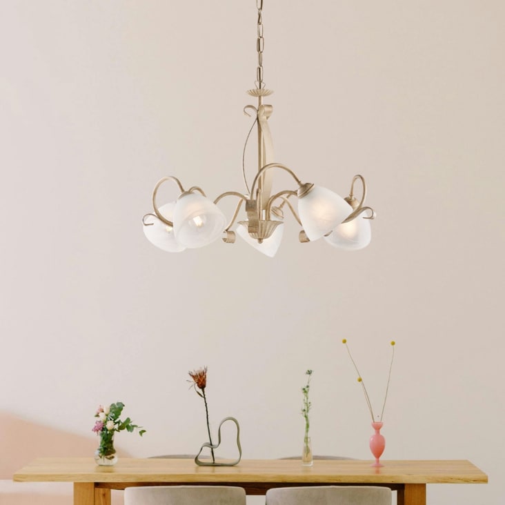 Lampadario 5 Luci Stile Classico In Ferro Battuto - Color Avorio E Vetro Satinato Per Cucina E Camera - Foto 13