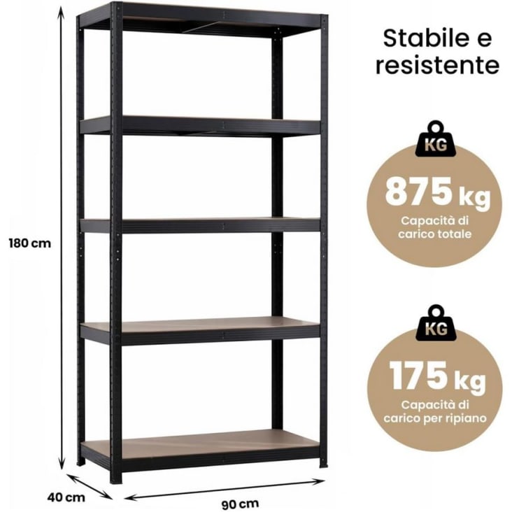 Scaffalatura Metallica Con 5 Ripiani MDF - 180x90x40 Cm, Portata 875 Kg, Per Garage E Magazzino