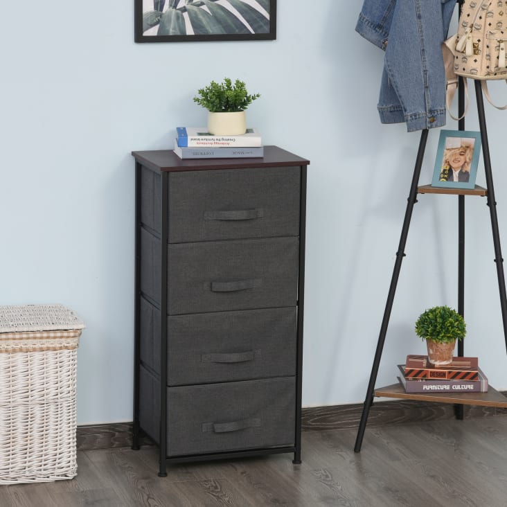 Commode 7 Tiroirs HOMCOM En Tissu - Cadre Acier, étagères Ouvertes, Pieds Ajustables - Design Industriel Gris
