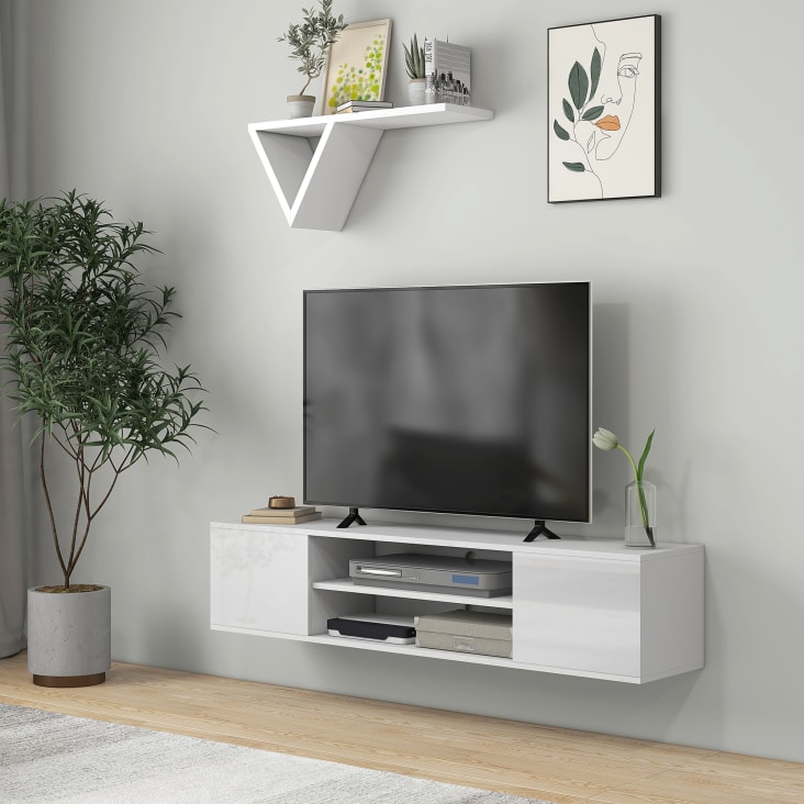 Meuble TV Mural HOMCOM 120 Cm Blanc - Pour TV Jusqu'à 50", Tiroir Rabattable, 2 étagères, Passe-câbles - Salon - 5
