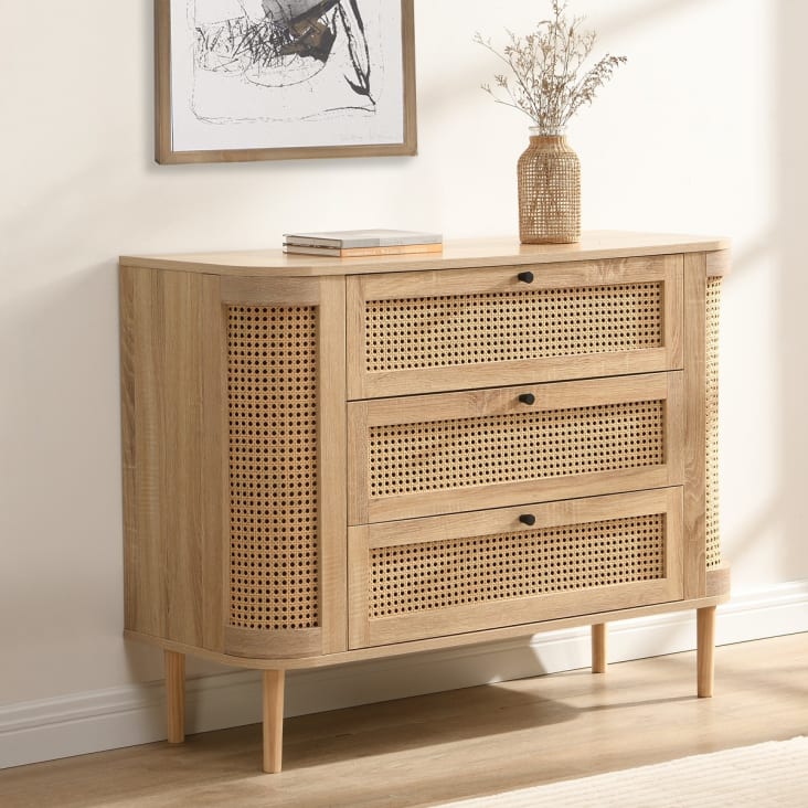 Commode INES BAÏTA 3 Tiroirs Effet Chêne Et Cannage Rotin - Meuble Rangement Chambre