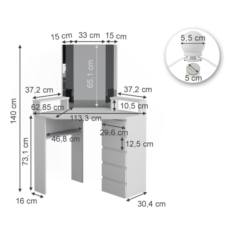 Coiffeuse Tilda Angle Blanc - Avec Miroir Triple, éclairage LED Et Tabouret