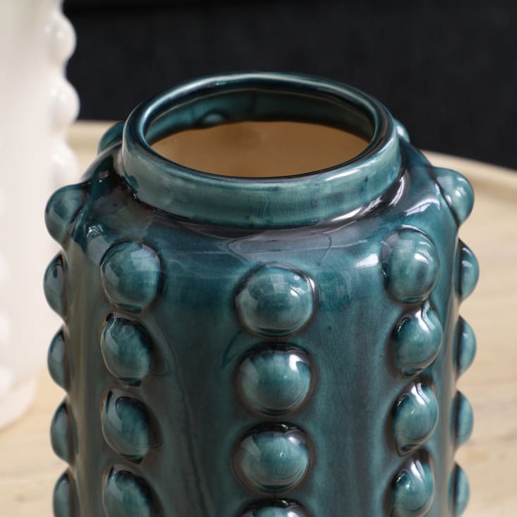 Vase Céramique Moderne Bleu Mat Avec Support Métal - Déco Boho Salon - Fait Main - Forme Sphérique Unique