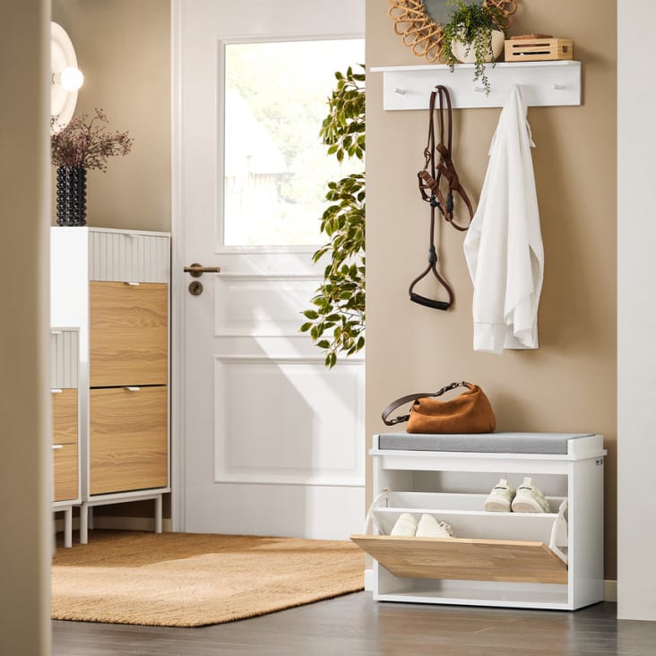 Banc à Chaussures Avec Coussin Et Rangement – Blanc 101x40x46 Cm, 2 Tiroirs, Séparateur Réglable | Pour Entrée, Salon, Couloir - 12
