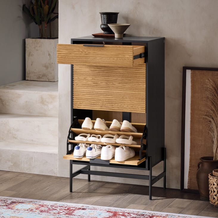 Armoire à Chaussures 2 Portes En Rotin - Profondeur 23,8 Cm, 12 Paires, Tiroir, Design étroit Pour Entrée