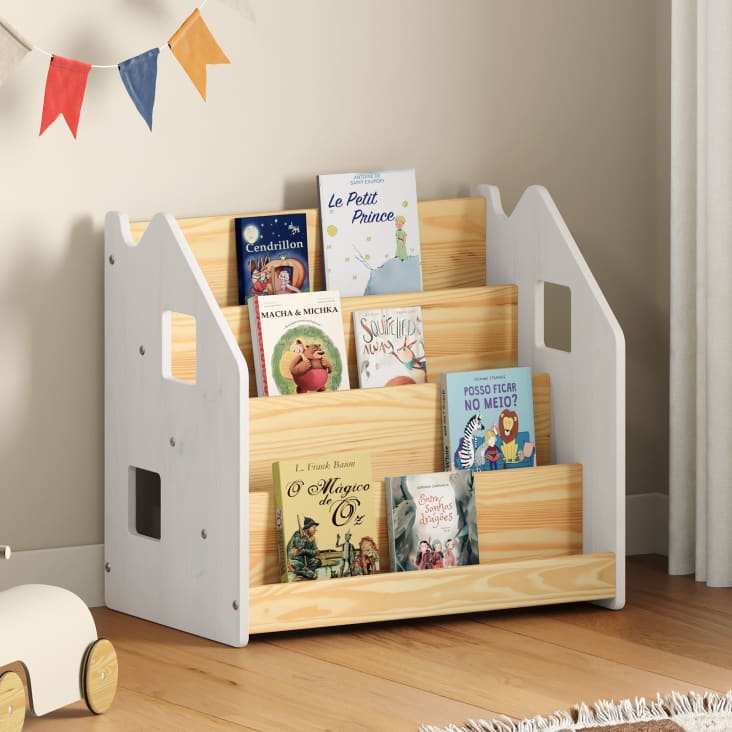 Bibliothèque Enfant Bois & Tissu 75 Cm – 6 Compartiments Rangement Livres & Jouets, Style Naturel