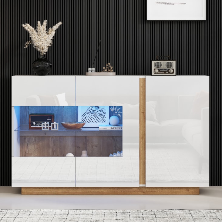 Credenza Con Luci LED 12 Colori - Mobile Da Cucina O Soggiorno Bianco Lucido | 3 Ante, Design Moderno E Funzionale
