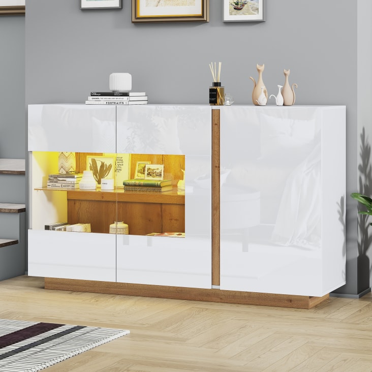 Credenza Con Luci LED 12 Colori - Mobile Da Cucina O Soggiorno Bianco Lucido | 3 Ante, Design Moderno E Funzionale - Foto 7
