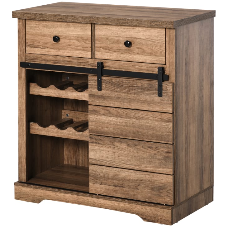 Credenza Soggiorno, Credenza Cucina Con Ante In Rattan E 3 Cassetti, Gambe In Legno Massello