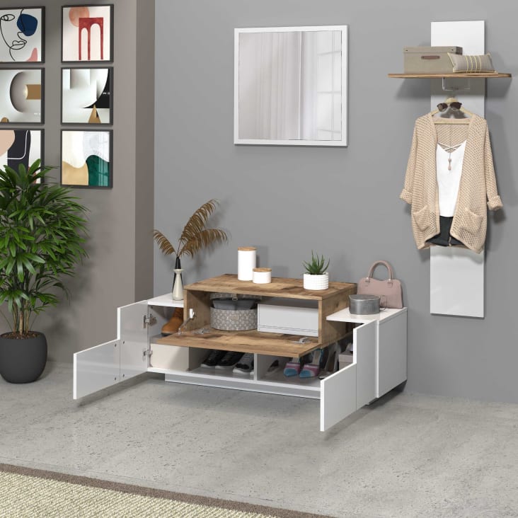 Scarpiera Con Seduta - Banco Ingresso Industriale, Legno, Ripiani Mobili, Bianco E Grigio