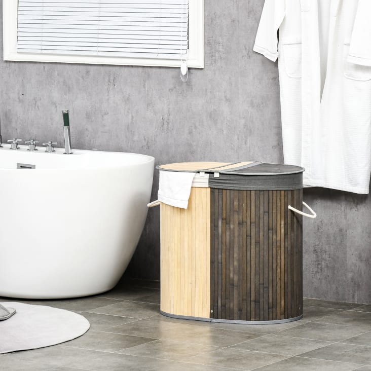 Panier à Linge Pliable En Bambou Avec Couvercle - Sac Amovible En Toile - 40x30x60 Cm - Pour Salle De Bain, Buanderie - Noir