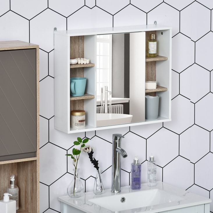 Miroir Salle De Bain Avec Placard Et 6 Étages - Blanc Et Chêne Clair 60cm