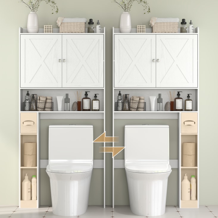 Meuble De Rangement Salle De Bain COSTWAY - Pour-dessus WC - 2 Compartiments + Placard - Blanc
