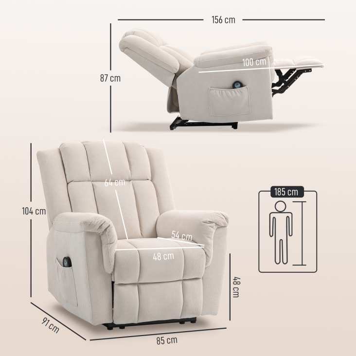 Fauteuil Relax électrique Massant | Inclinable 145° | Avec Tablette Et Poches | Microfibre Beige