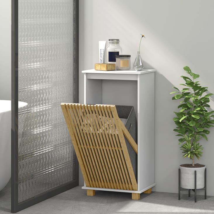 Meuble Salle De Bain Avec Panier à Linge 38L - Blanc 40x37x82cm - Bambou Et MDF - Tiroir Et Porte Basculante