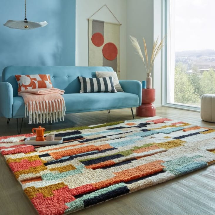 Tapis Salon Géométrique 140x200 Cm – Polypropylène, Poils Ras – Multicolore, Design Moderne – Adapté Chauffage Au Sol