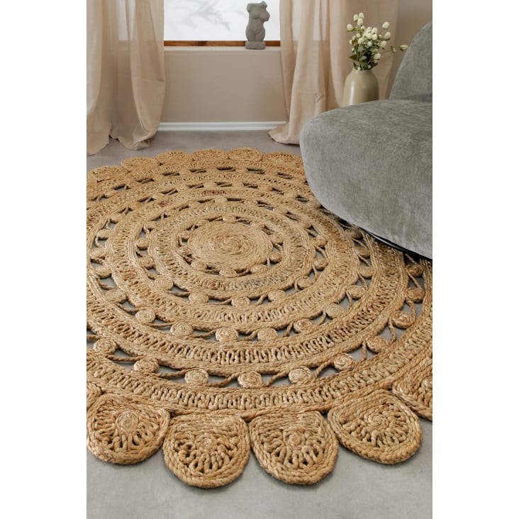 Tappeto Rotondo In Iuta Intrecciato A Mano - 120 Cm, Reversibile, Stile Boho - Per Soggiorno, Camera - Foto 2