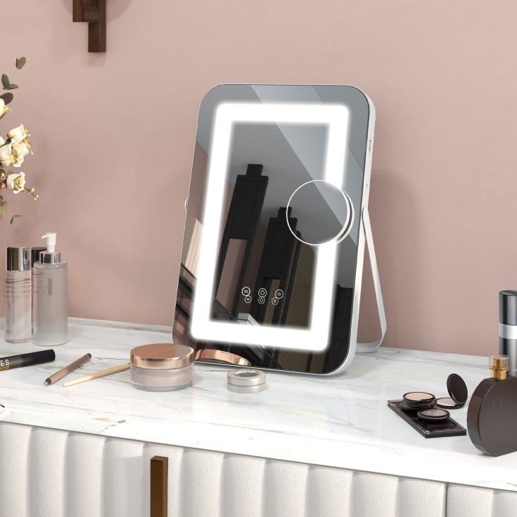 Specchio Da Trucco LED Con Luci Regolabili - 3 Colori, USB E Specchietto 10x, HOMCOM Bianco - Foto 9