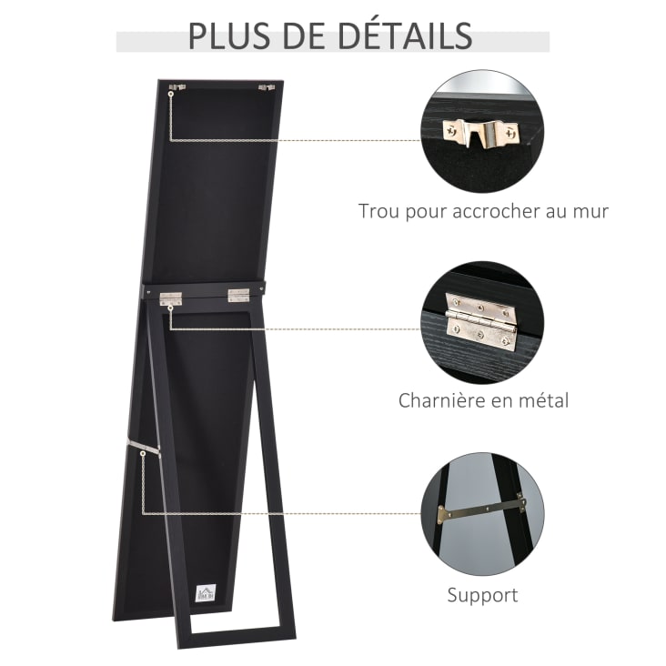 Miroir Sur Pied Rectangulaire Avec 2 Étagères - 155 Cm - 4 Roulettes Et Angle Réglable - Noir Et Brun