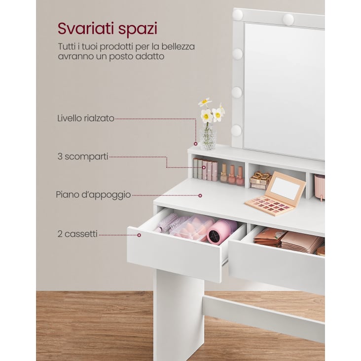 Toeletta Trucco Con Luci LED E Cassetti - Moderna, Bianca, Regolabile