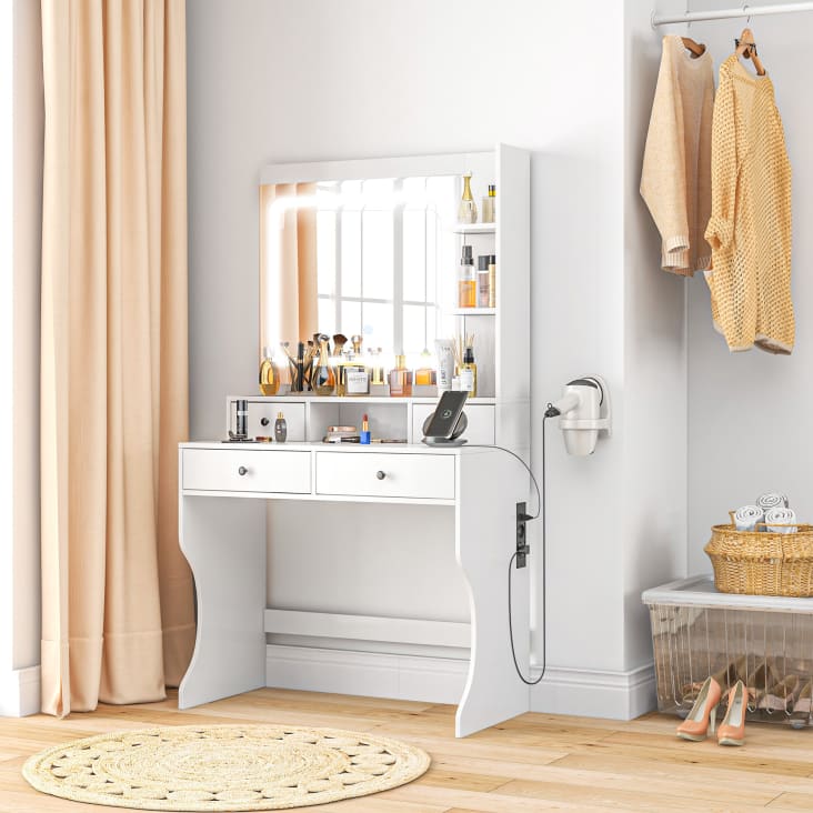 Toeletta Con Specchio LED E 6 Cassetti - Tavolo Trucco Con Sgabello, Bianco - Foto 6