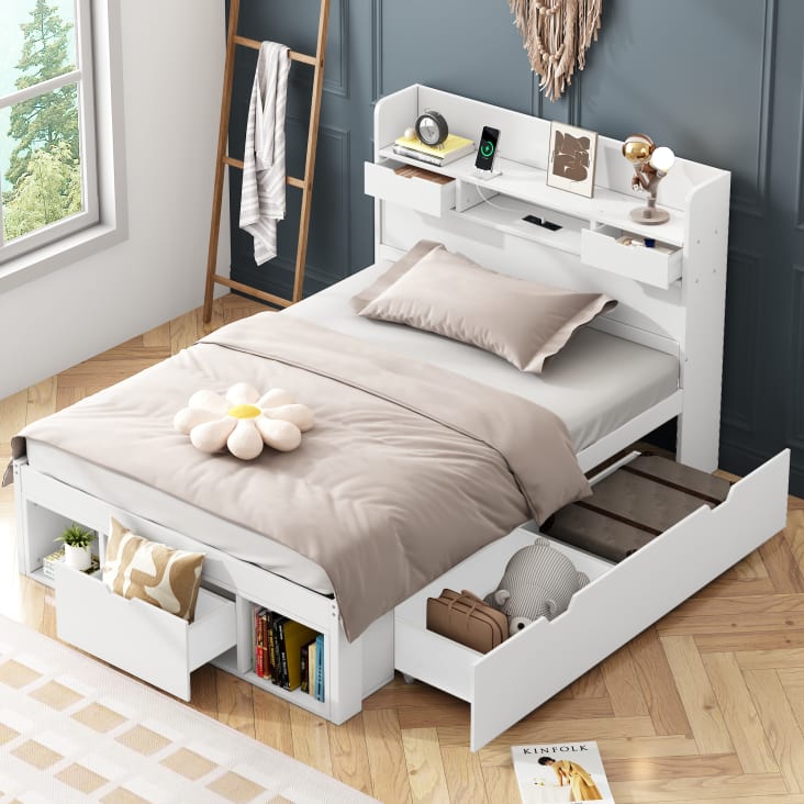 Letto Bambini 90x200 Cm Con Libreria E Cassetti: In Pino, Bianco, Con Lavagna E Rete A Doghe - Foto 4