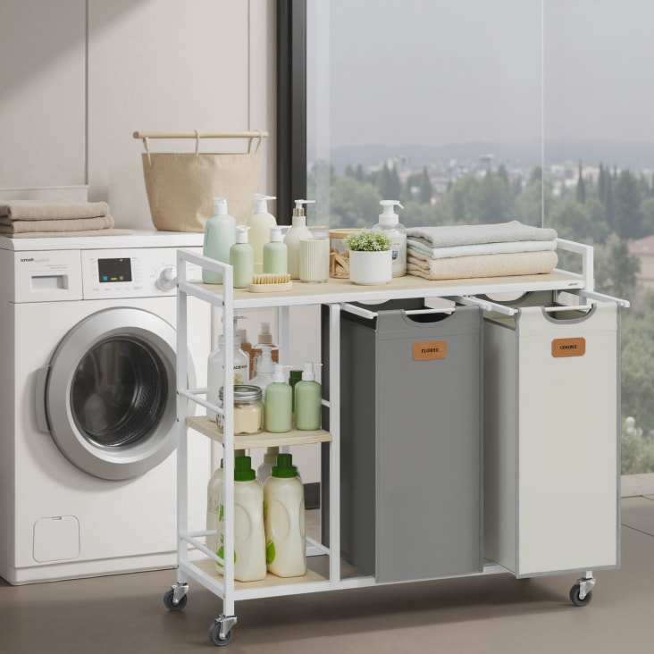 Cesta Portabiancheria 2 Scomparti 89L - Grigio Con Maniglie E Struttura Alluminio - Foto 2