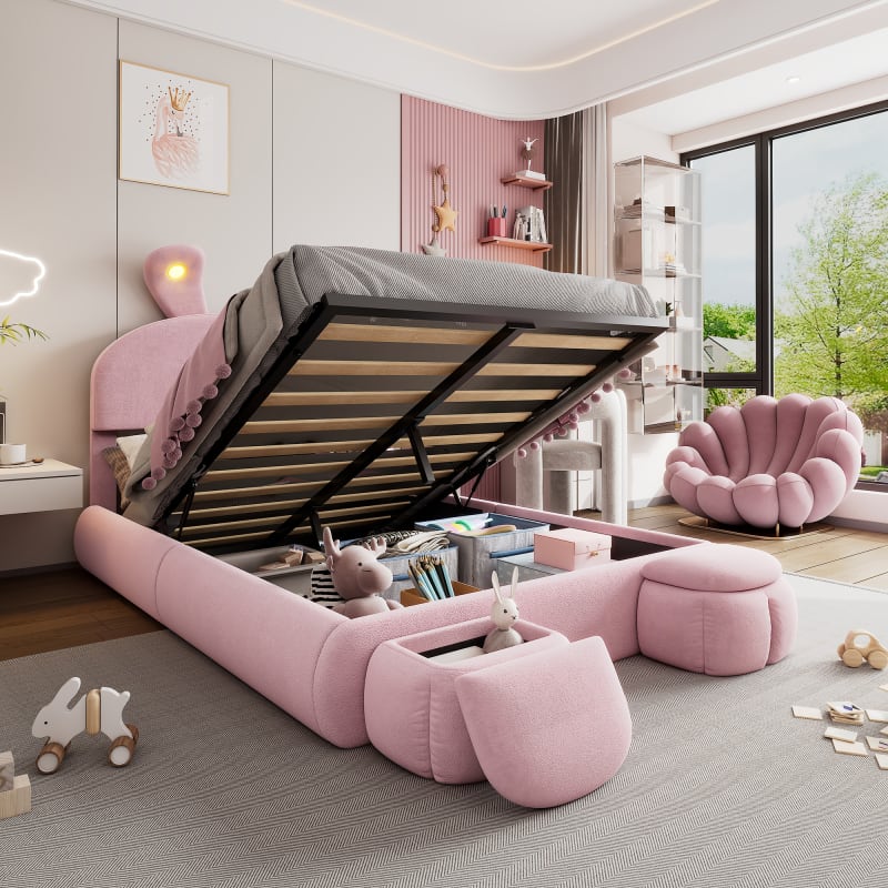 Kaninchenförmiges Bett 140x200 cm mit 2 Sitzbank aus Samt, rosa