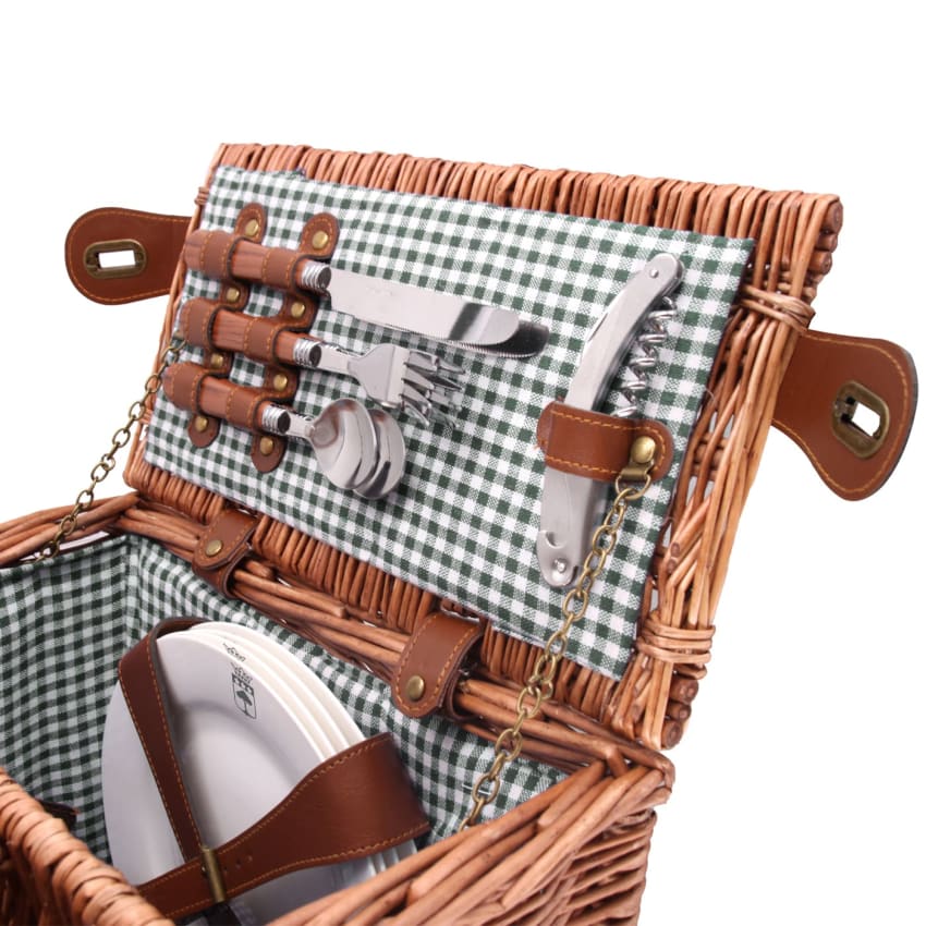Cestino Da Picnic In Vimini Per 4 Persone – Set 24 Pezzi Con Piatti, Posate, Bicchieri, Saliera E Pepiera, Motivo Floreale Bianco/verde, Ideale Per Campeggio E Gite