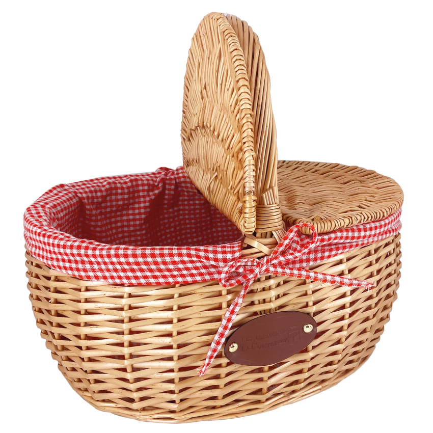 Cestino da pic nic in vimini SOSTY45 con manico fodera in cotone rimovibile picnic quadri bianchi e rossi per feste barbecue cm.42x35 h20