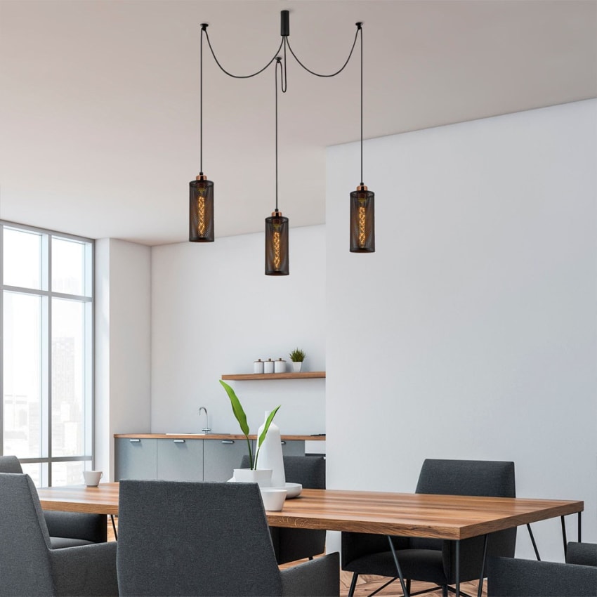 Lampada A Sospensione Seegaard 3 Luci In Metallo E Legno, Design Scandinavo, Nero E Marrone, E27